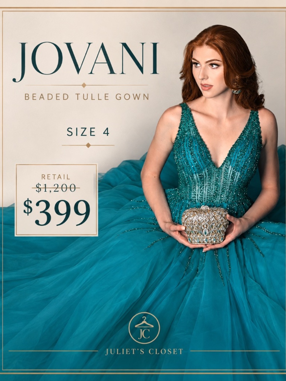 Jovani 08638 Teal Beaded Tulle Ballgown Size 4
